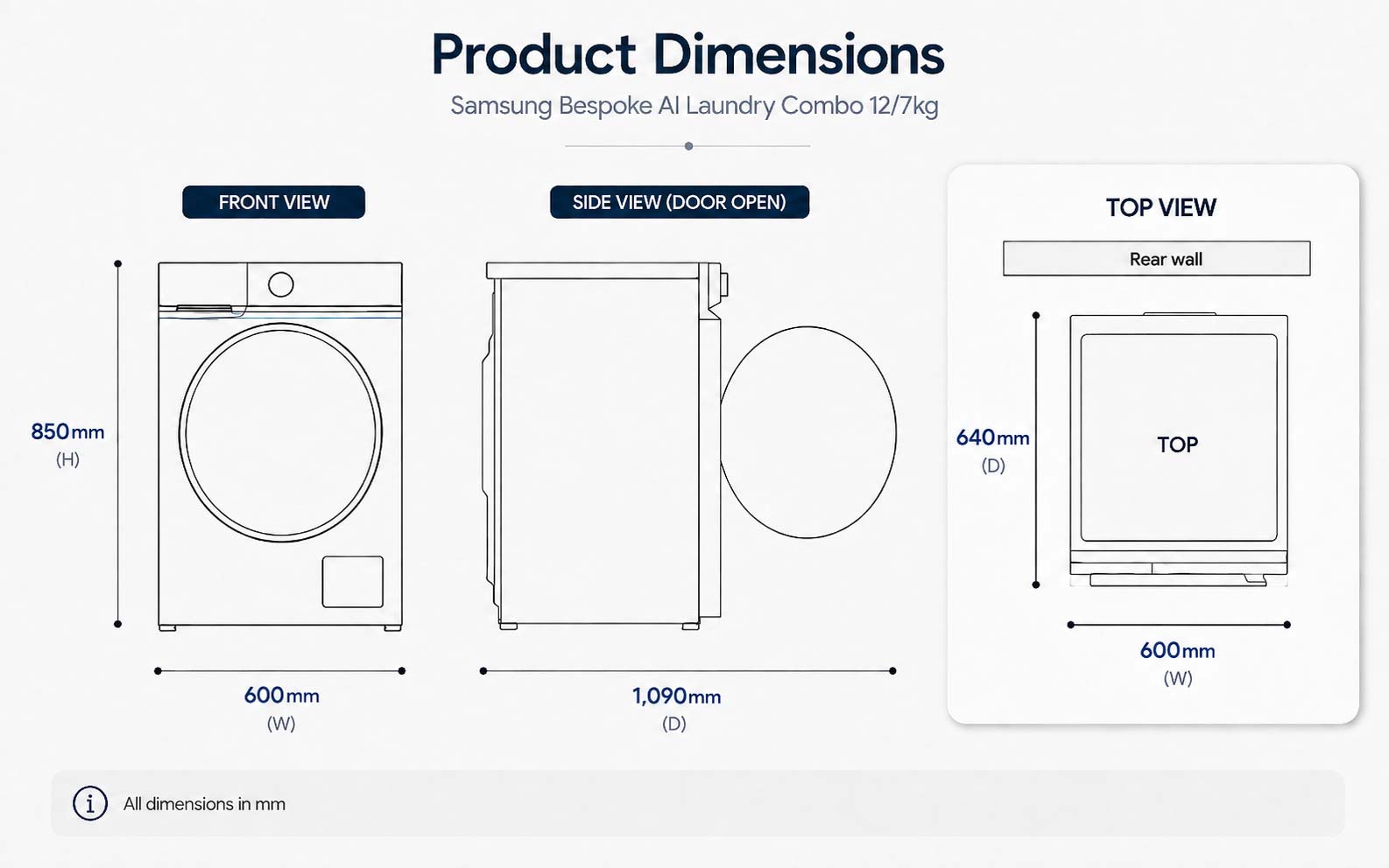Product dimension diagram showing front, side with door open, and top views of Samsung Bespoke AI Laundry Combo model WD12DB8B85GBFQ