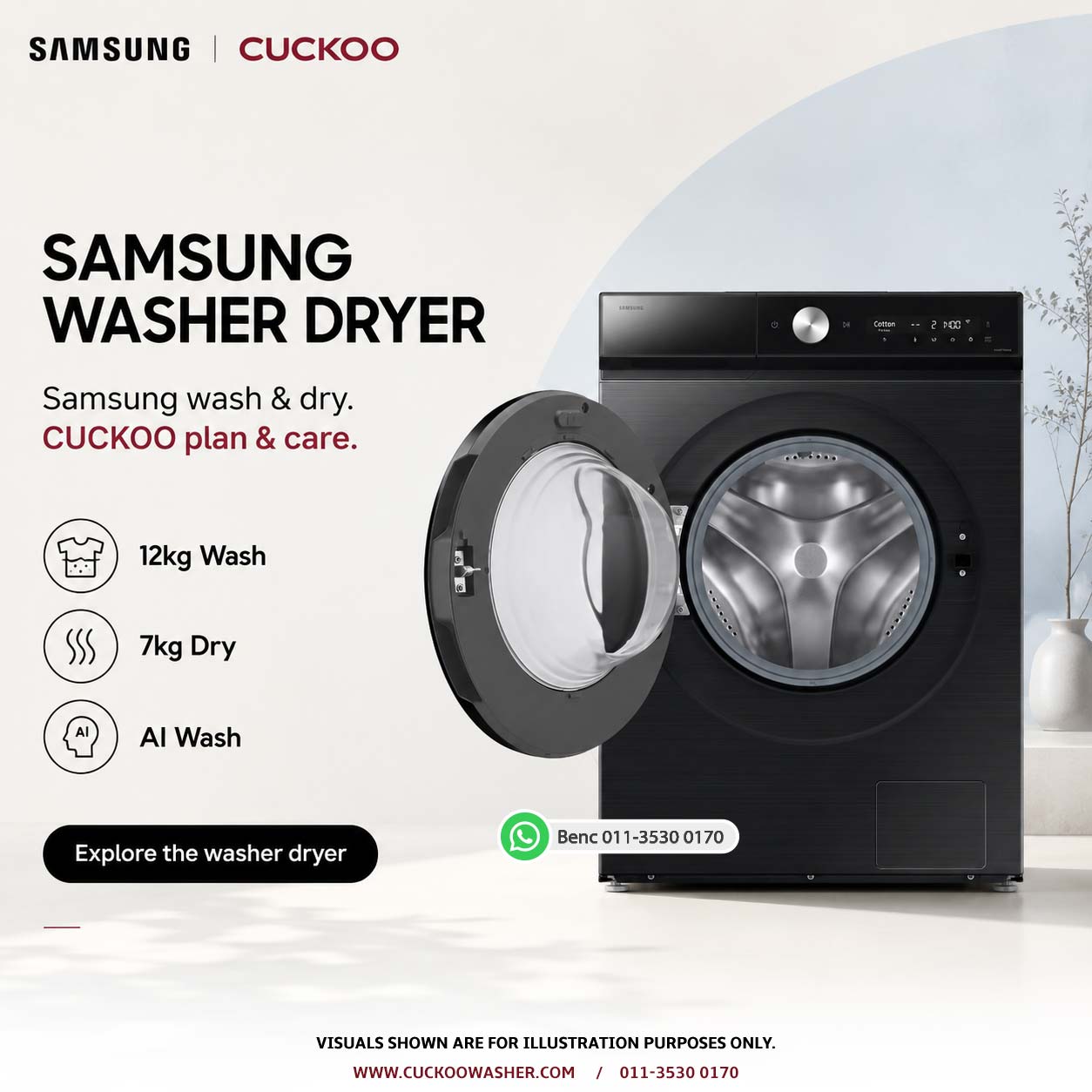 Samsung washer dryer with 12kg wash and 7kg dry capacity available for delivery in Penang